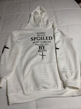 White Quilted Hoodie with Black Script